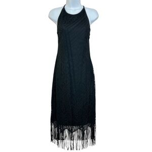 Cache Vintage 90s Black Lace Fringe Trim Midi Dress Size M/L Party Formal
